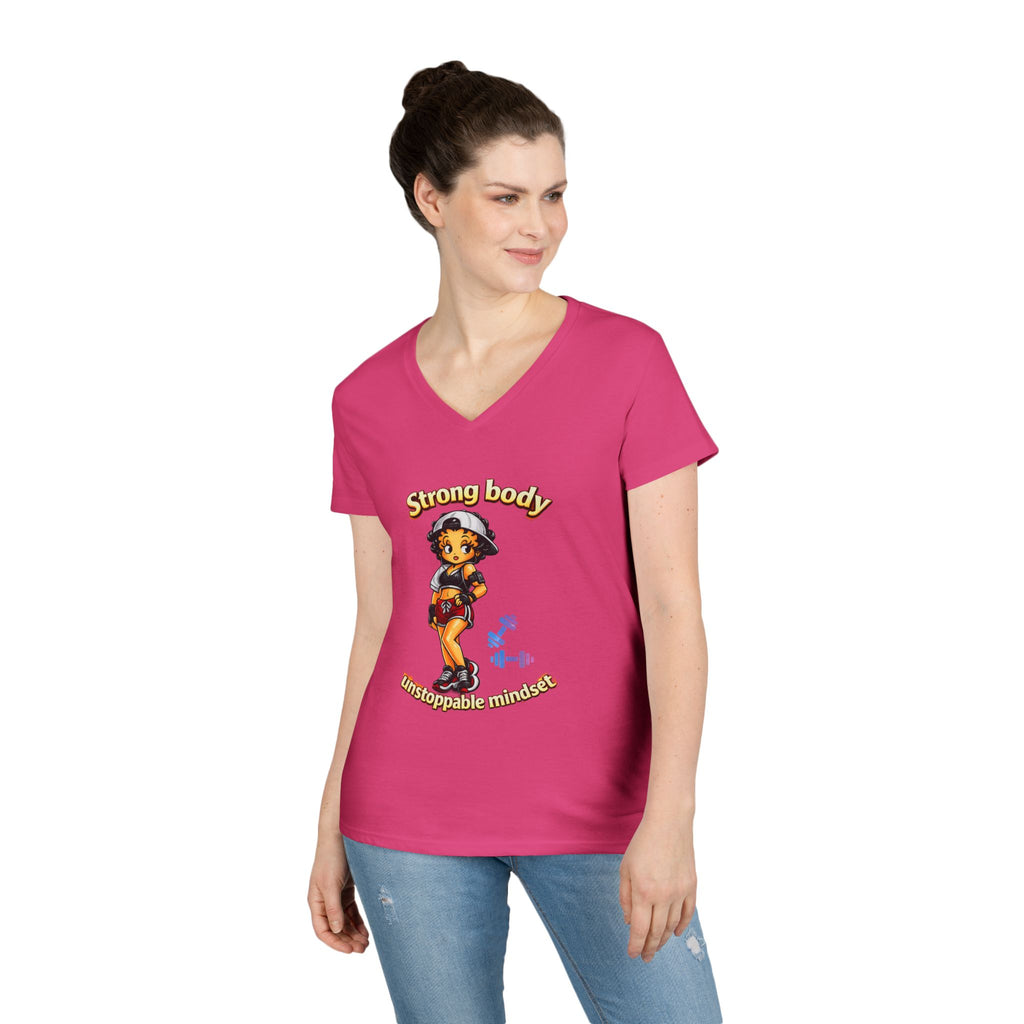 Strong Body Ladies' V-Neck T-Shirt — "Strong body unstoppable mindset" Fitness Graphic Tee