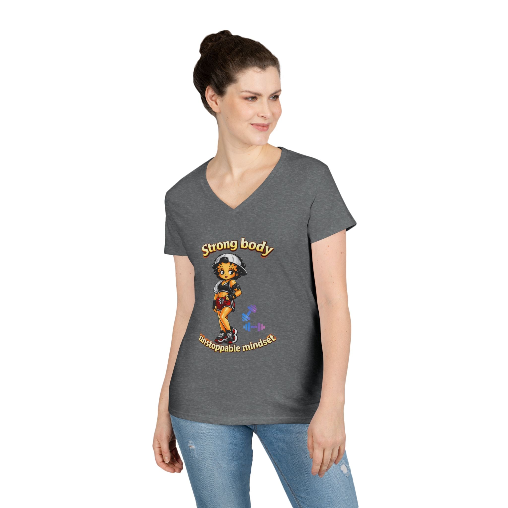 Strong Body Ladies' V-Neck T-Shirt — "Strong body unstoppable mindset" Fitness Graphic Tee