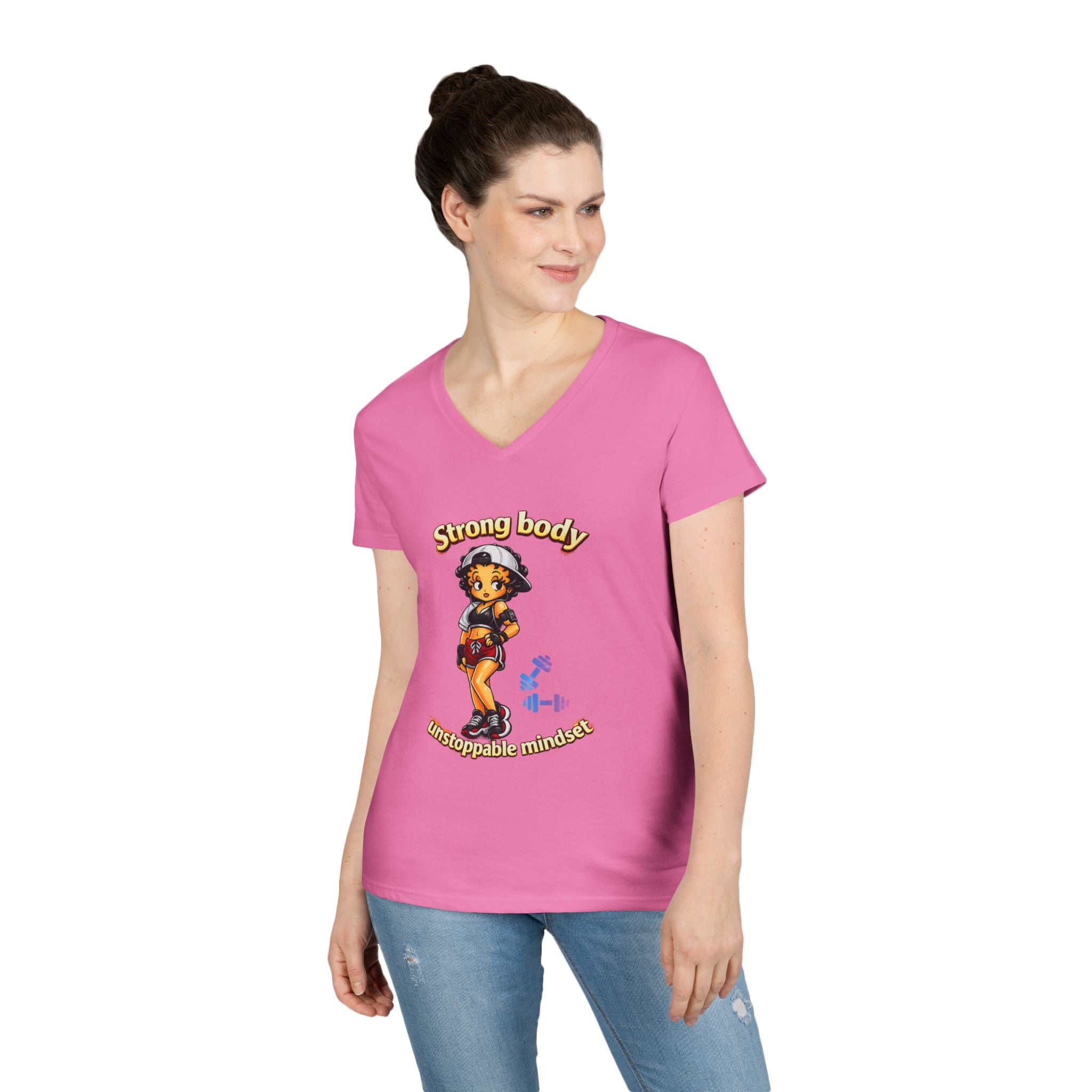 Strong Body Ladies' V-Neck T-Shirt — "Strong body unstoppable mindset" Fitness Graphic Tee