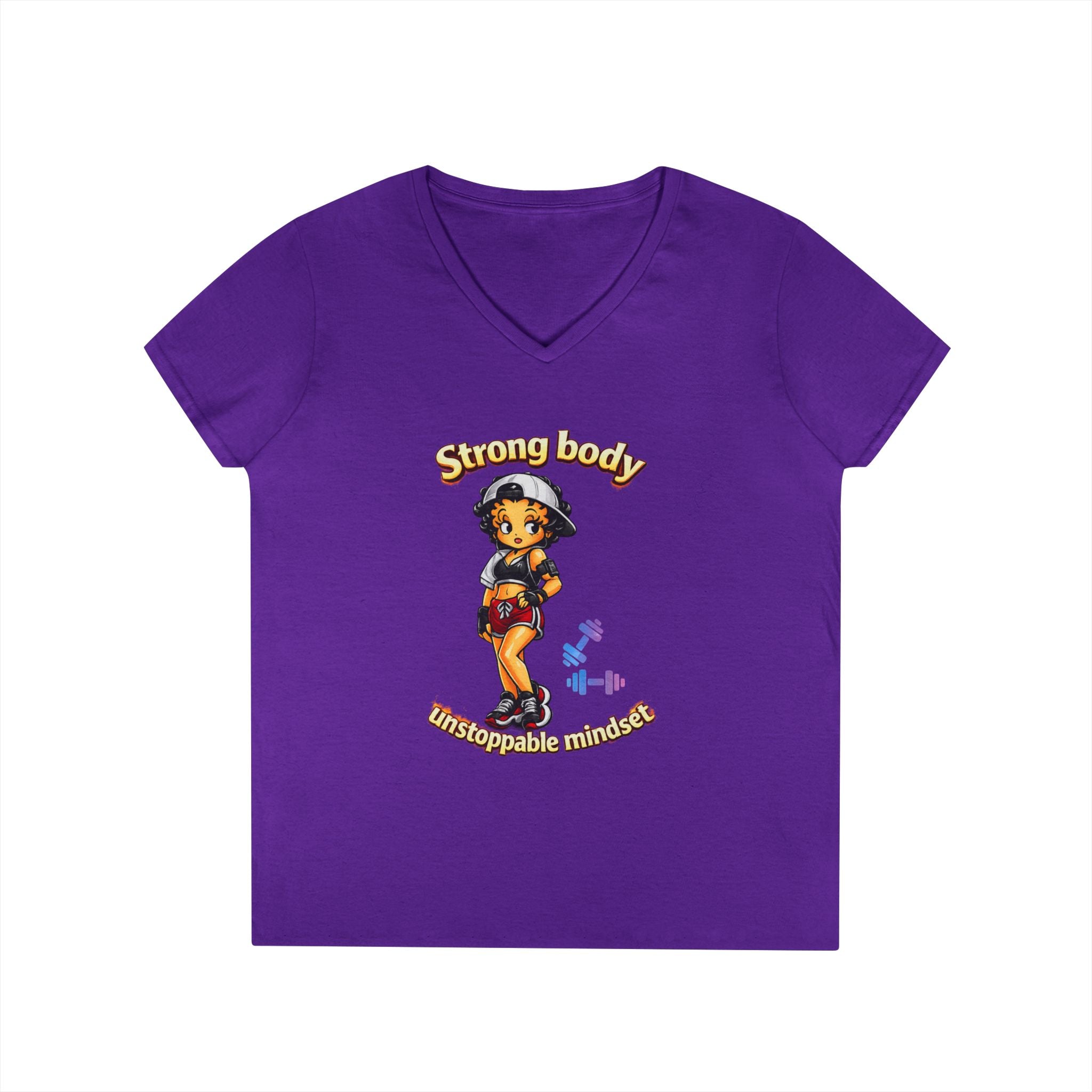 Strong Body Ladies' V-Neck T-Shirt — "Strong body unstoppable mindset" Fitness Graphic Tee