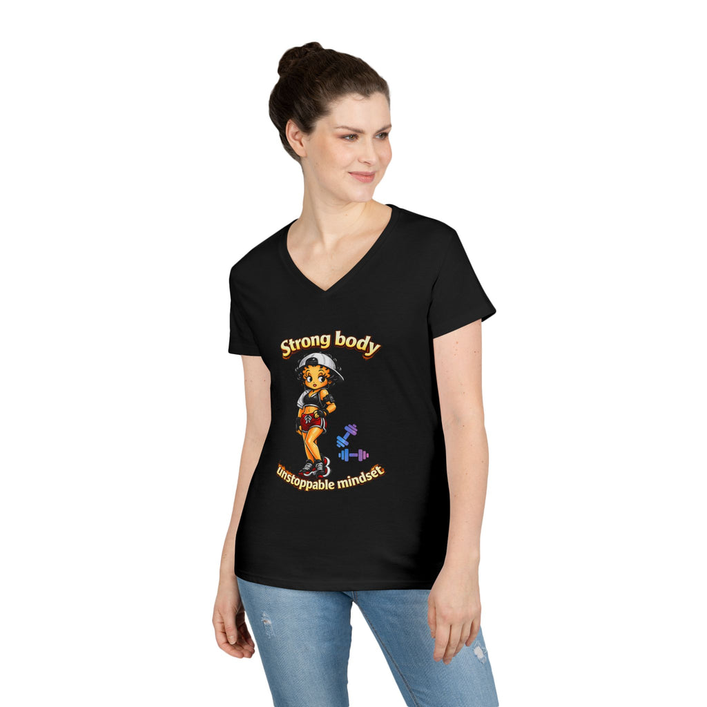 Strong Body Ladies' V-Neck T-Shirt — "Strong body unstoppable mindset" Fitness Graphic Tee