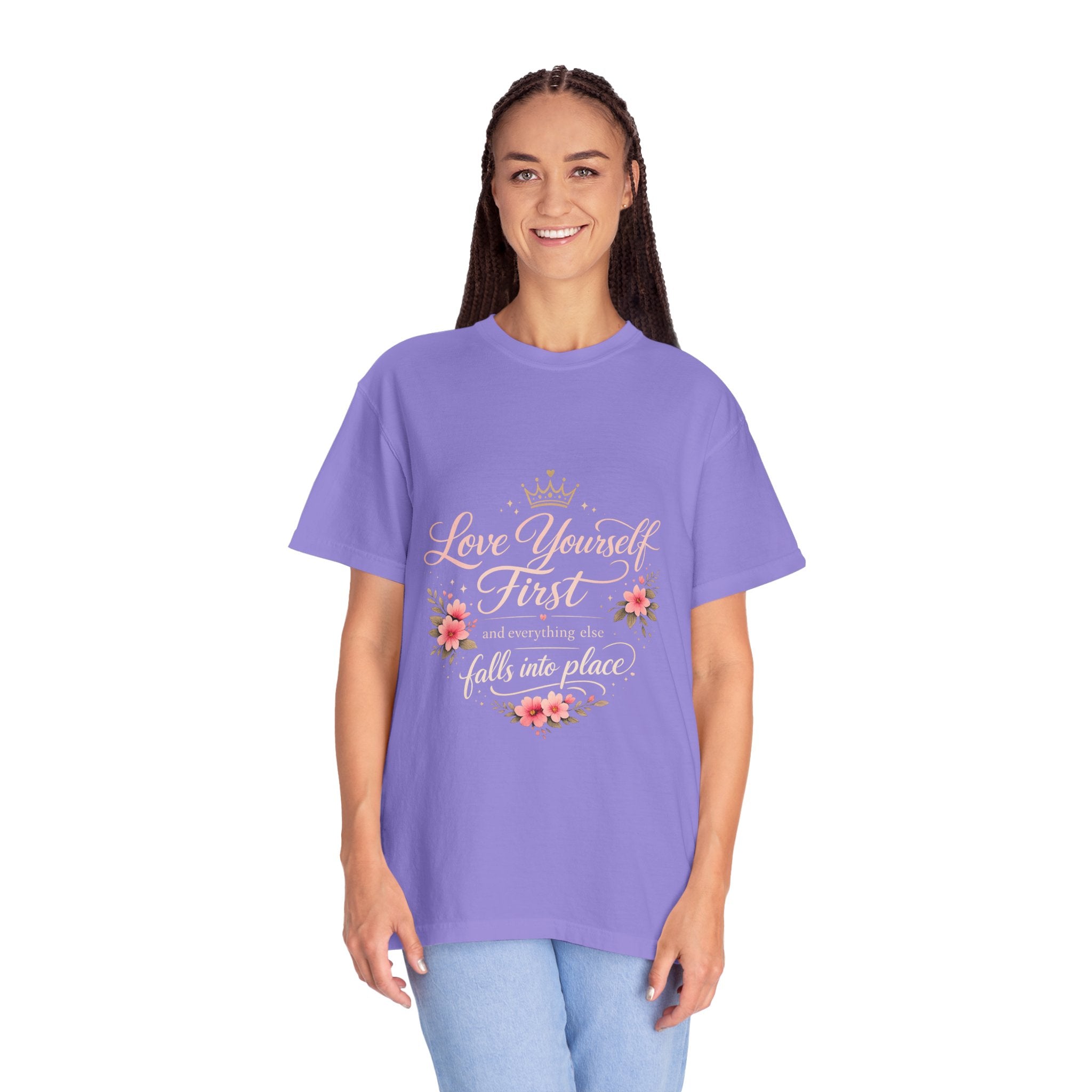 Love Yourself First T-Shirt — Inspirational Floral Self-Care Tee
