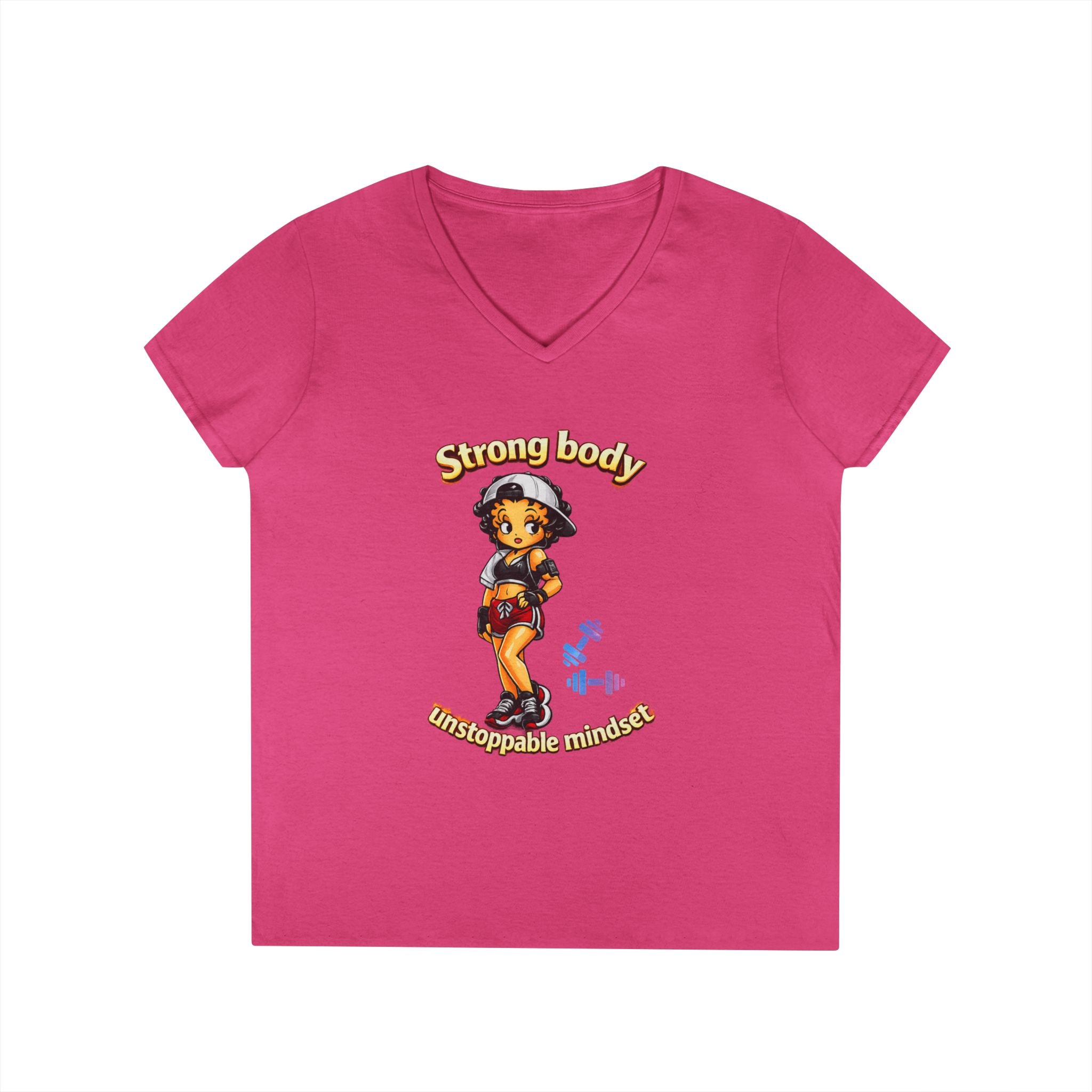 Strong Body Ladies' V-Neck T-Shirt — "Strong body unstoppable mindset" Fitness Graphic Tee