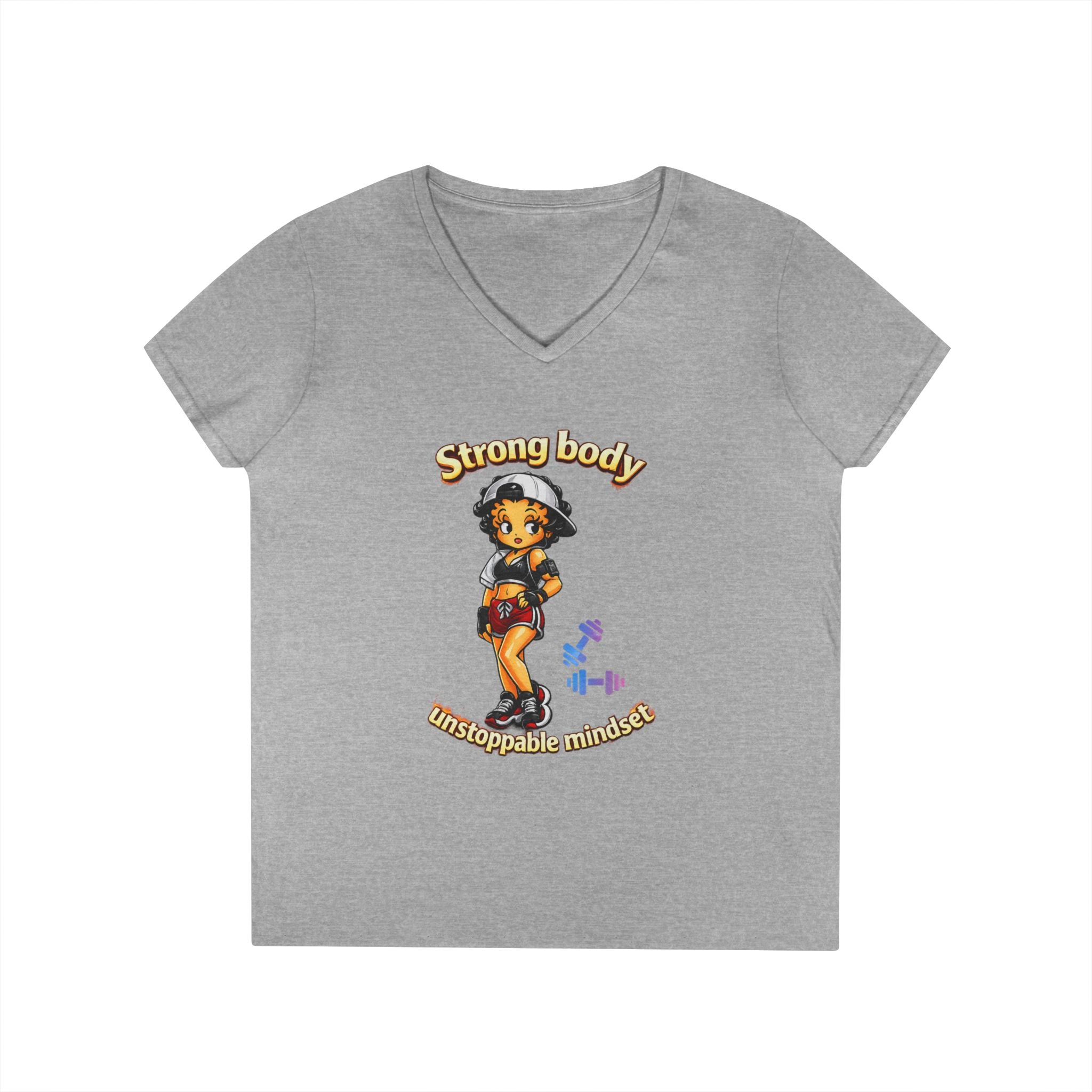 Strong Body Ladies' V-Neck T-Shirt — "Strong body unstoppable mindset" Fitness Graphic Tee