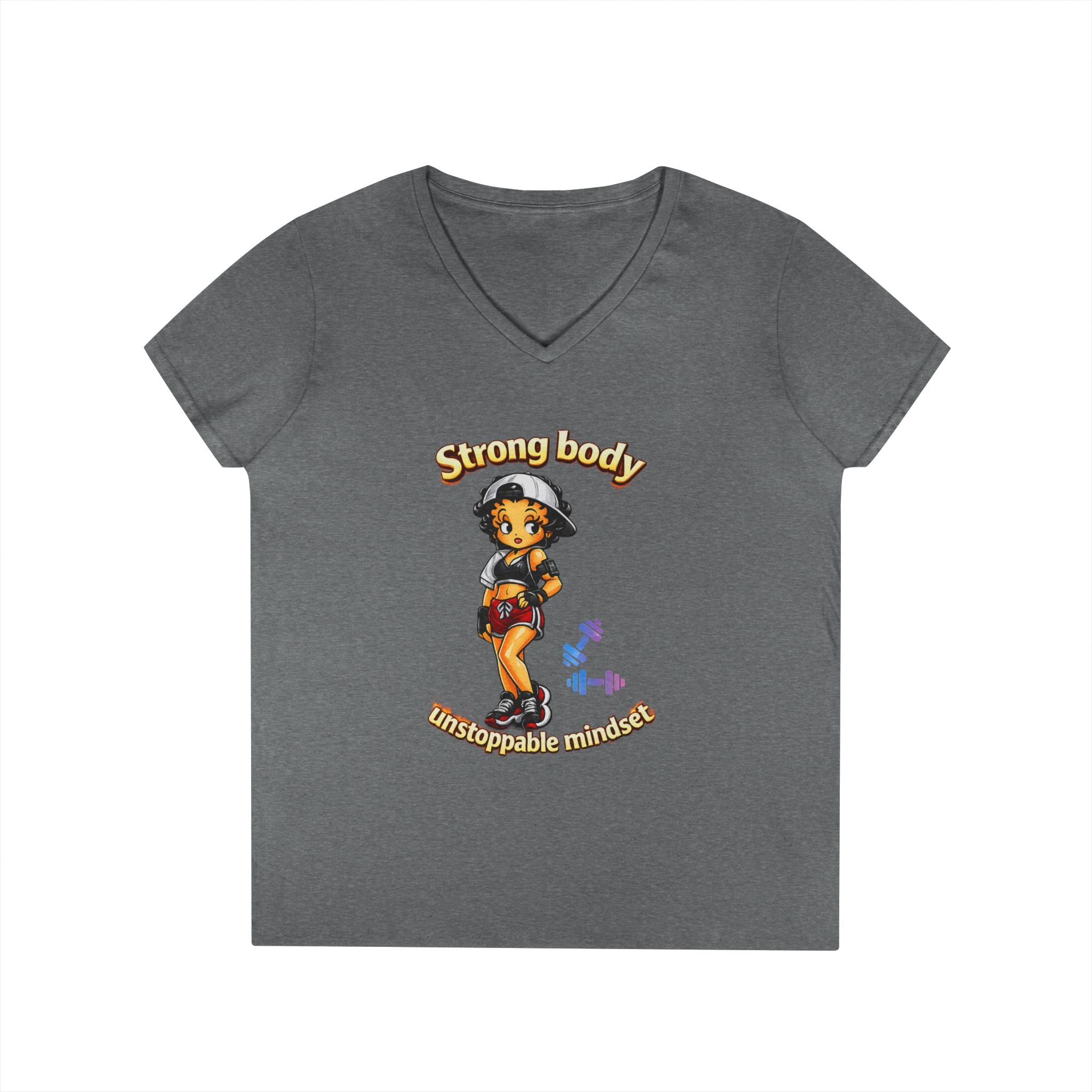 Strong Body Ladies' V-Neck T-Shirt — "Strong body unstoppable mindset" Fitness Graphic Tee