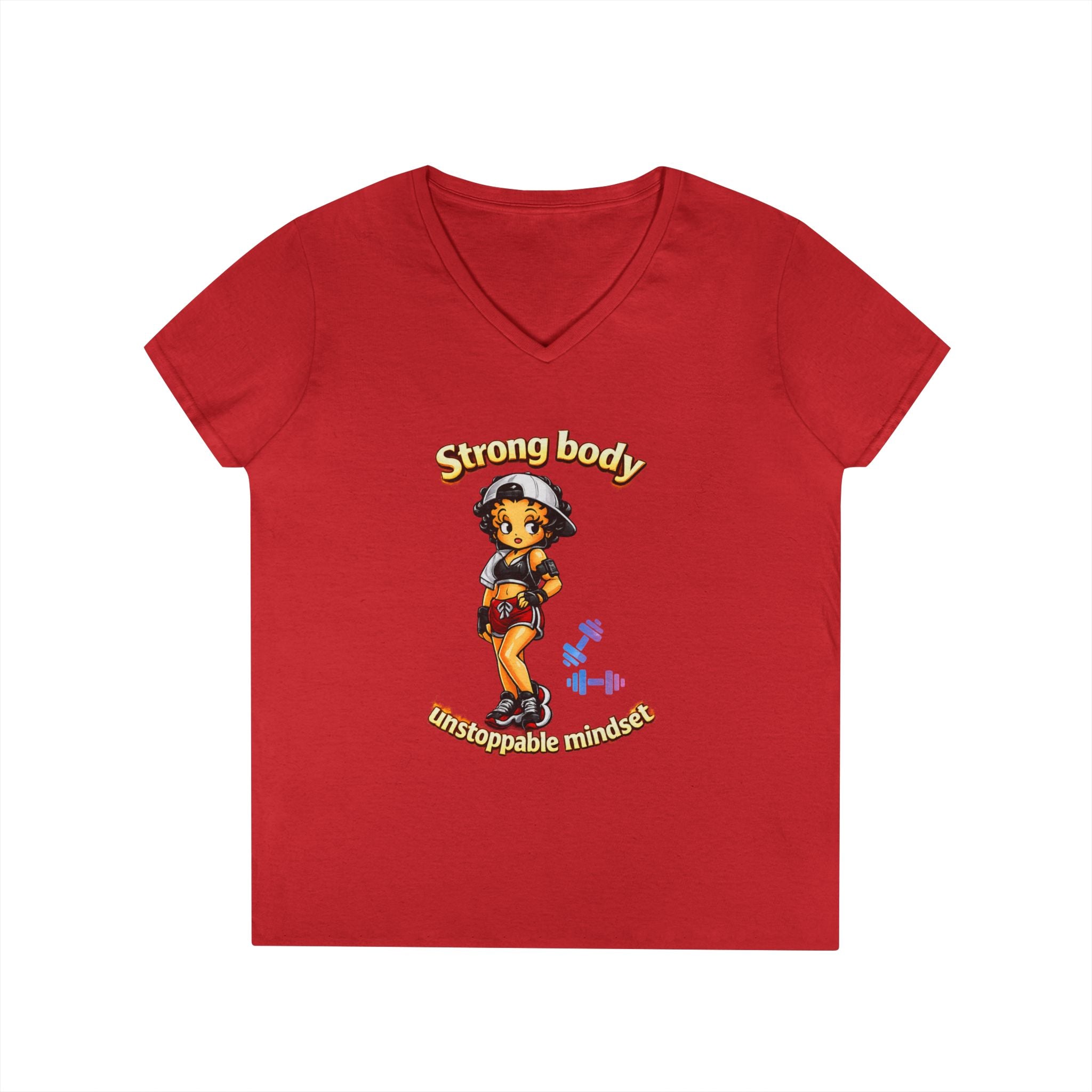 Strong Body Ladies' V-Neck T-Shirt — "Strong body unstoppable mindset" Fitness Graphic Tee