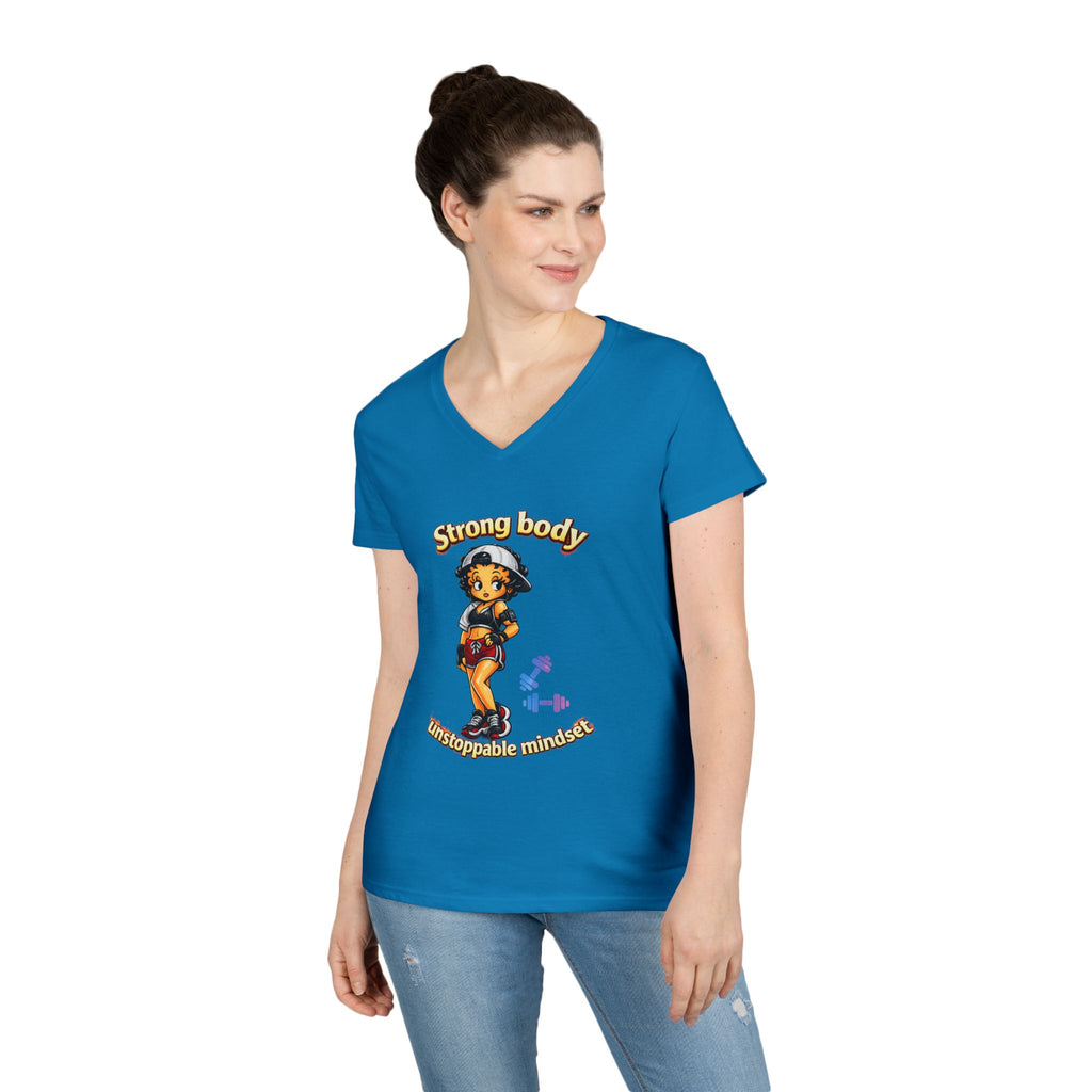 Strong Body Ladies' V-Neck T-Shirt — "Strong body unstoppable mindset" Fitness Graphic Tee