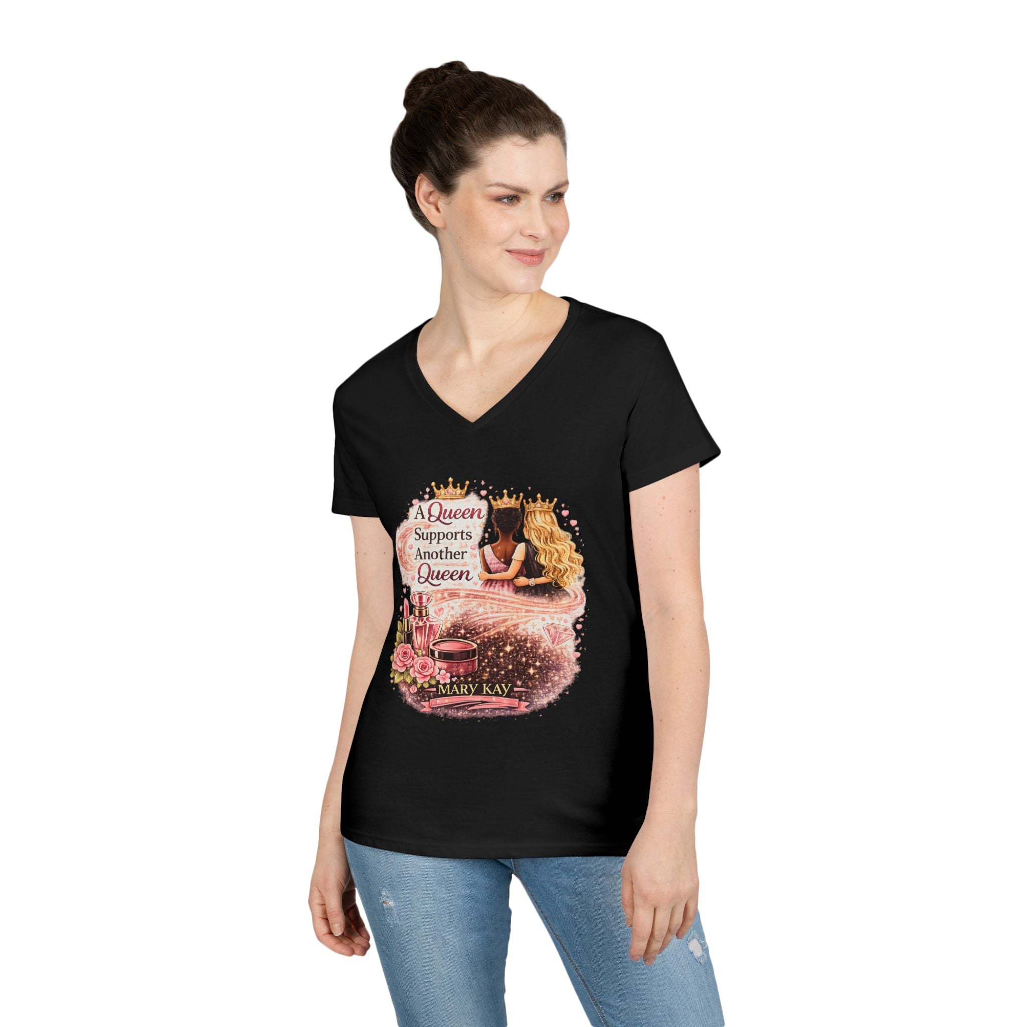 Queen Supports Queen V-Neck Tee — Inspirational Sisterhood Graphic T-Shirt