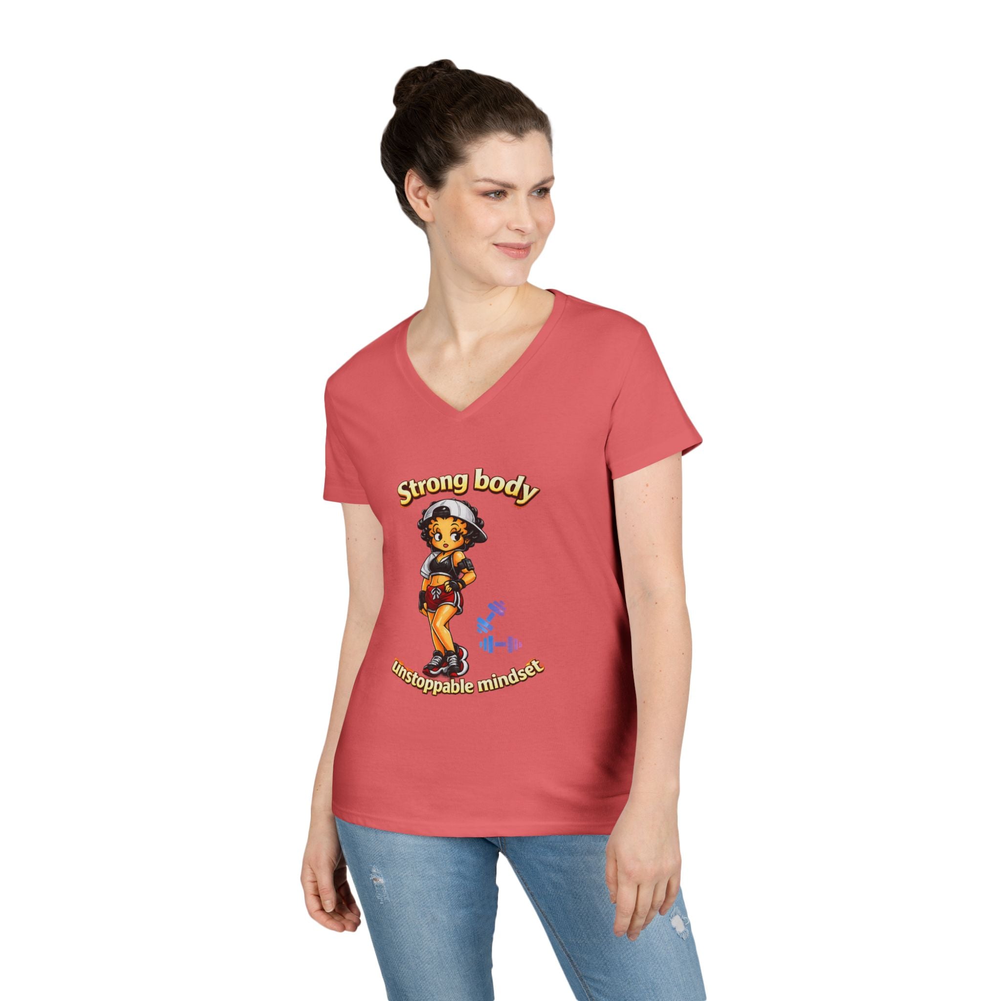Strong Body Ladies' V-Neck T-Shirt — "Strong body unstoppable mindset" Fitness Graphic Tee
