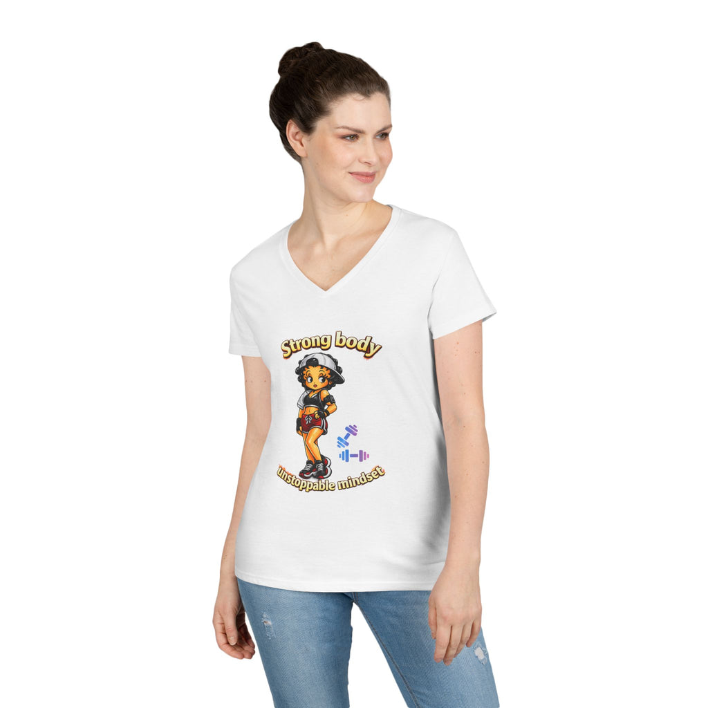 Strong Body Ladies' V-Neck T-Shirt — "Strong body unstoppable mindset" Fitness Graphic Tee
