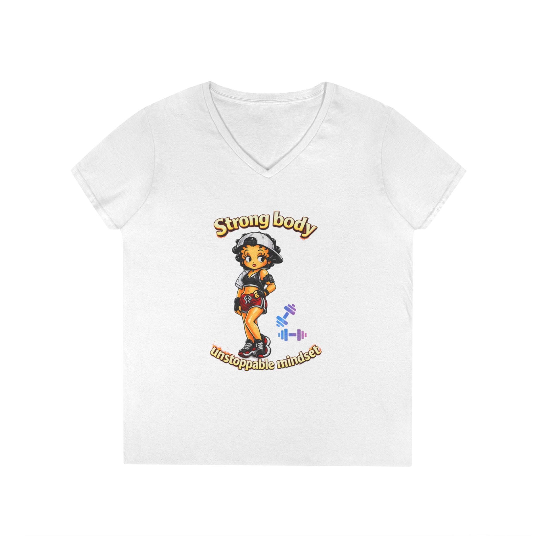 Strong Body Ladies' V-Neck T-Shirt — "Strong body unstoppable mindset" Fitness Graphic Tee
