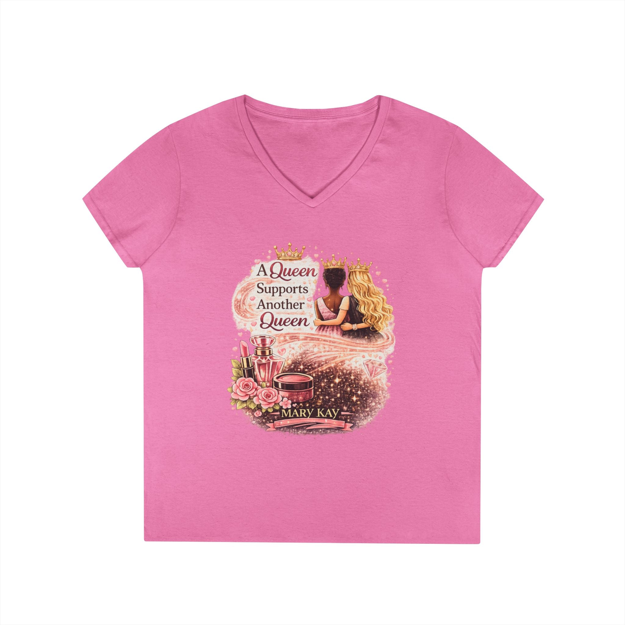 Queen Supports Queen V-Neck Tee — Inspirational Sisterhood Graphic T-Shirt