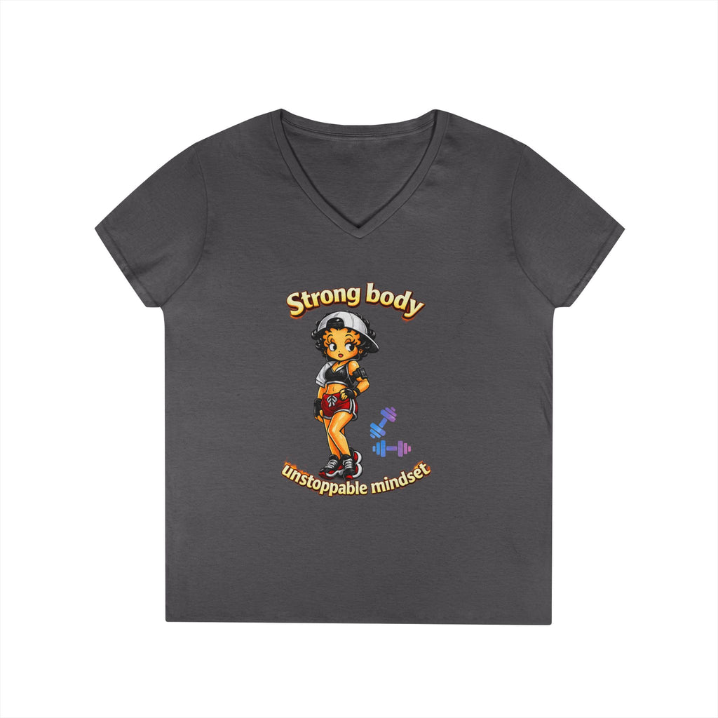 Strong Body Ladies' V-Neck T-Shirt — "Strong body unstoppable mindset" Fitness Graphic Tee