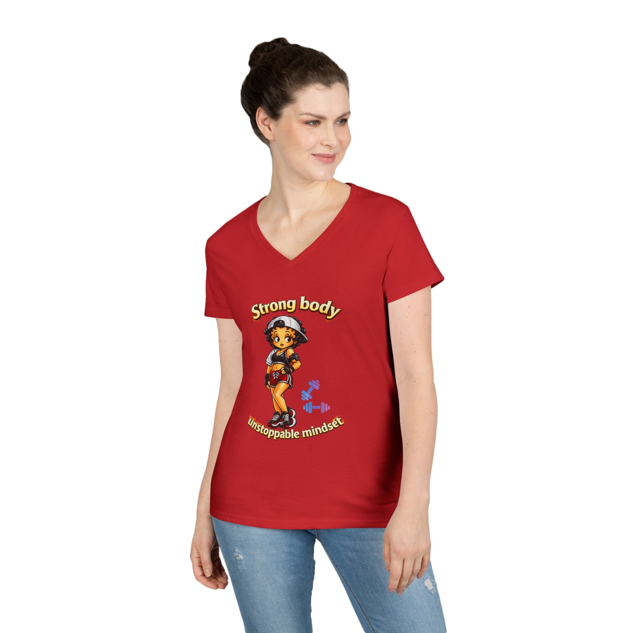 Strong Body Ladies' V-Neck T-Shirt — "Strong body unstoppable mindset" Fitness Graphic Tee