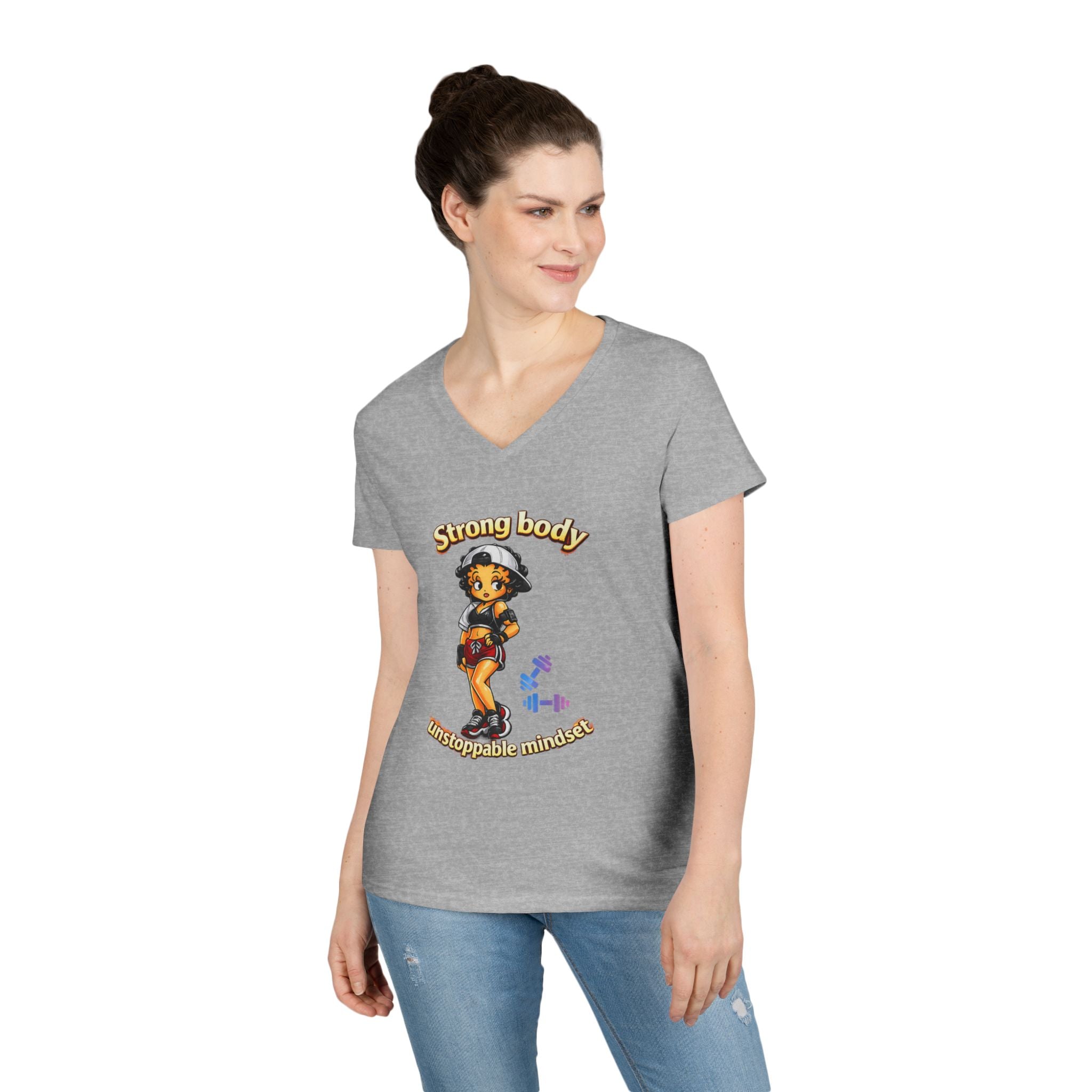 Strong Body Ladies' V-Neck T-Shirt — "Strong body unstoppable mindset" Fitness Graphic Tee