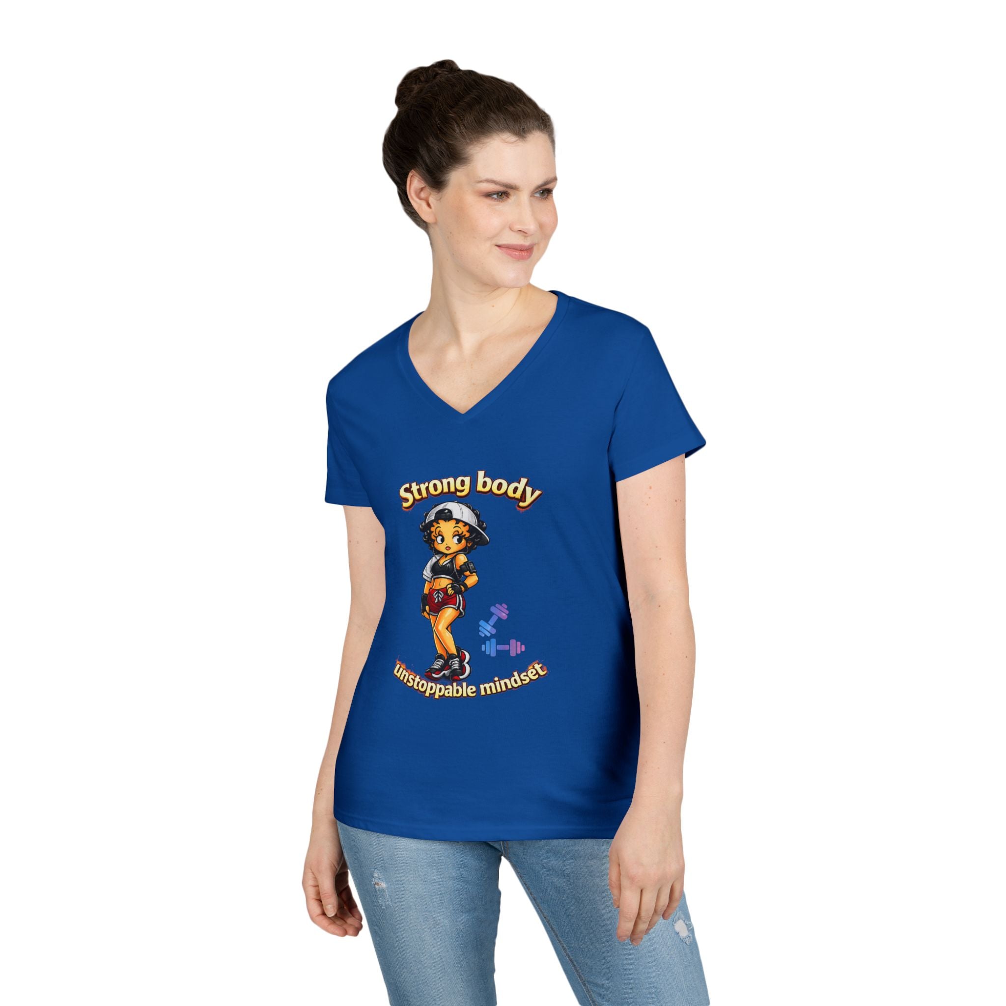 Strong Body Ladies' V-Neck T-Shirt — "Strong body unstoppable mindset" Fitness Graphic Tee