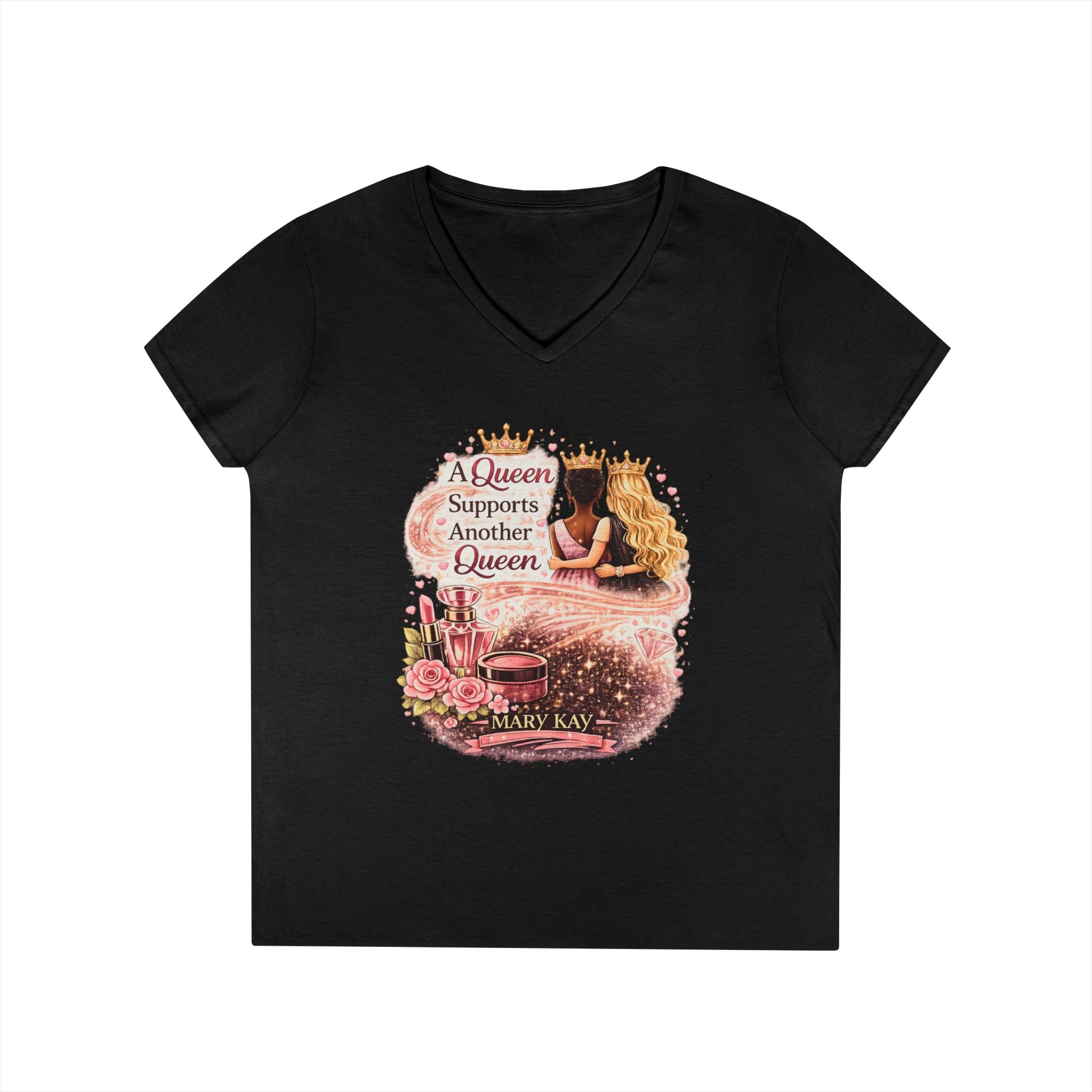 Queen Supports Queen V-Neck Tee — Inspirational Sisterhood Graphic T-Shirt