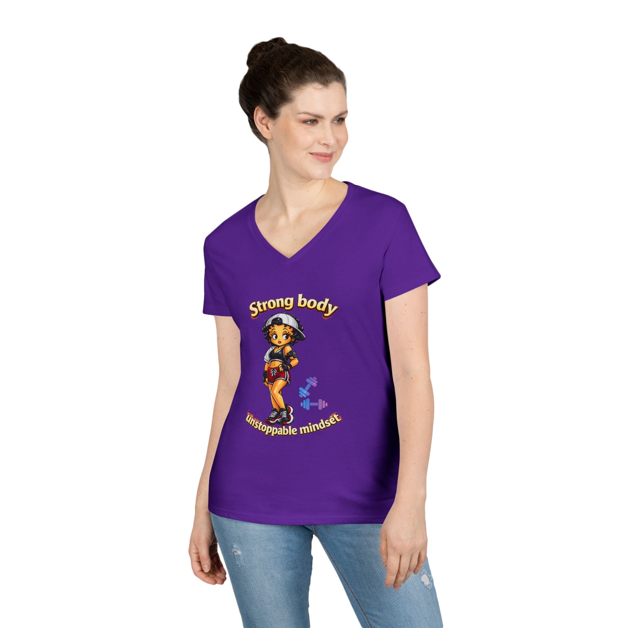 Strong Body Ladies' V-Neck T-Shirt — "Strong body unstoppable mindset" Fitness Graphic Tee