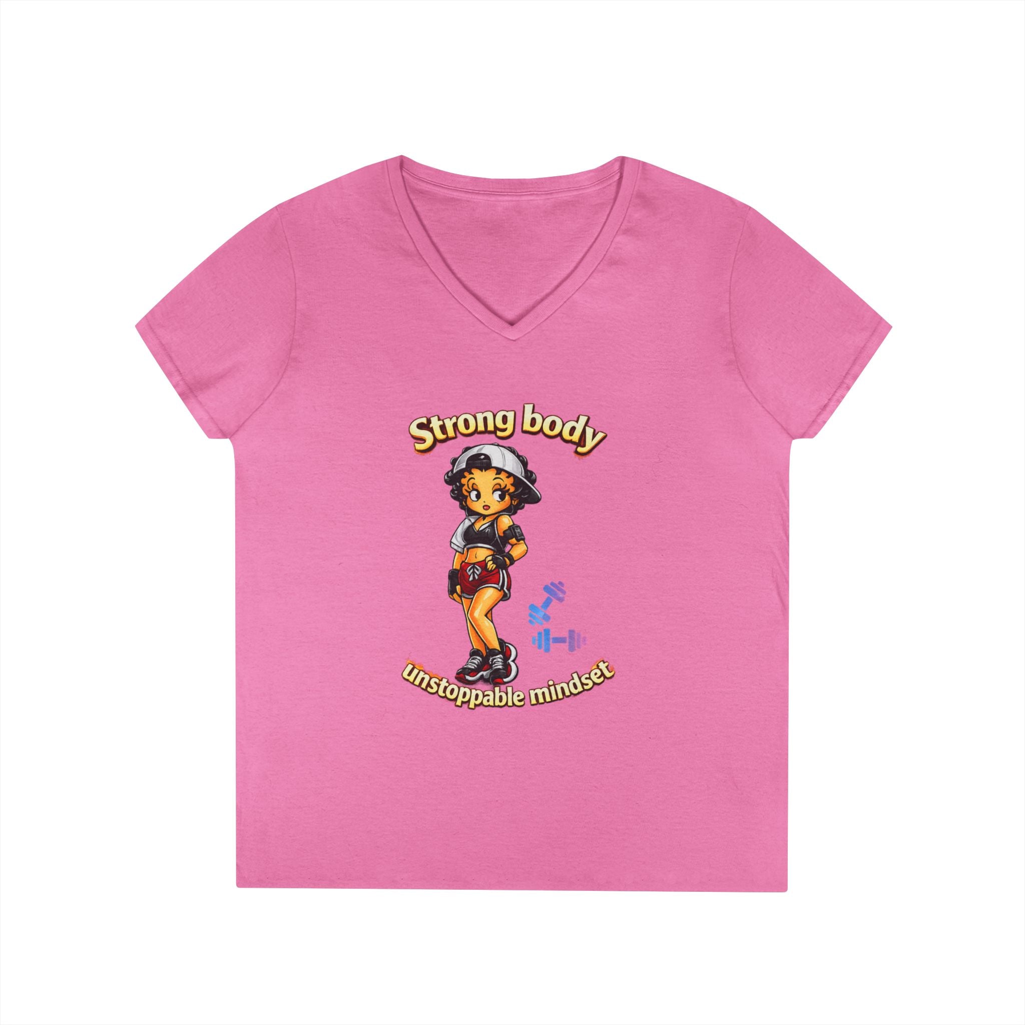 Strong Body Ladies' V-Neck T-Shirt — "Strong body unstoppable mindset" Fitness Graphic Tee
