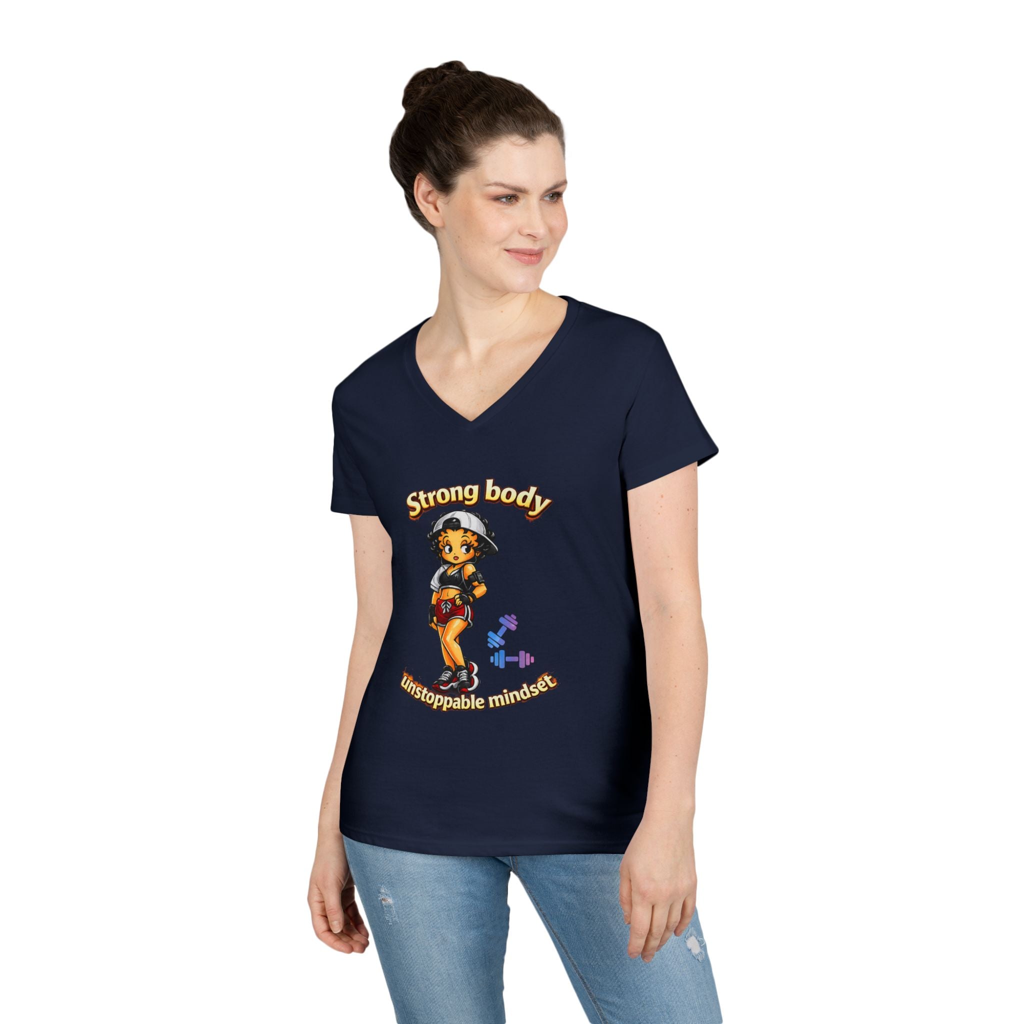 Strong Body Ladies' V-Neck T-Shirt — "Strong body unstoppable mindset" Fitness Graphic Tee
