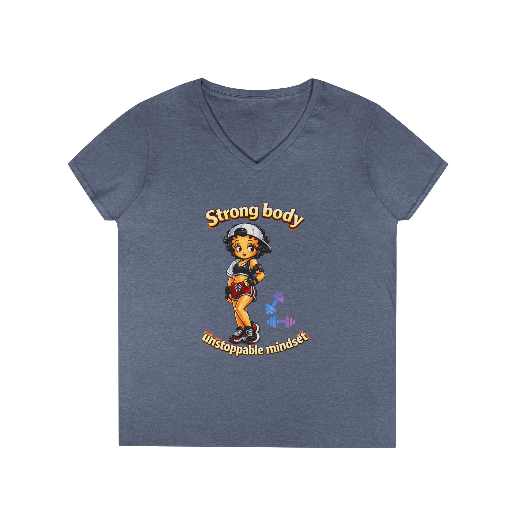 Strong Body Ladies' V-Neck T-Shirt — "Strong body unstoppable mindset" Fitness Graphic Tee