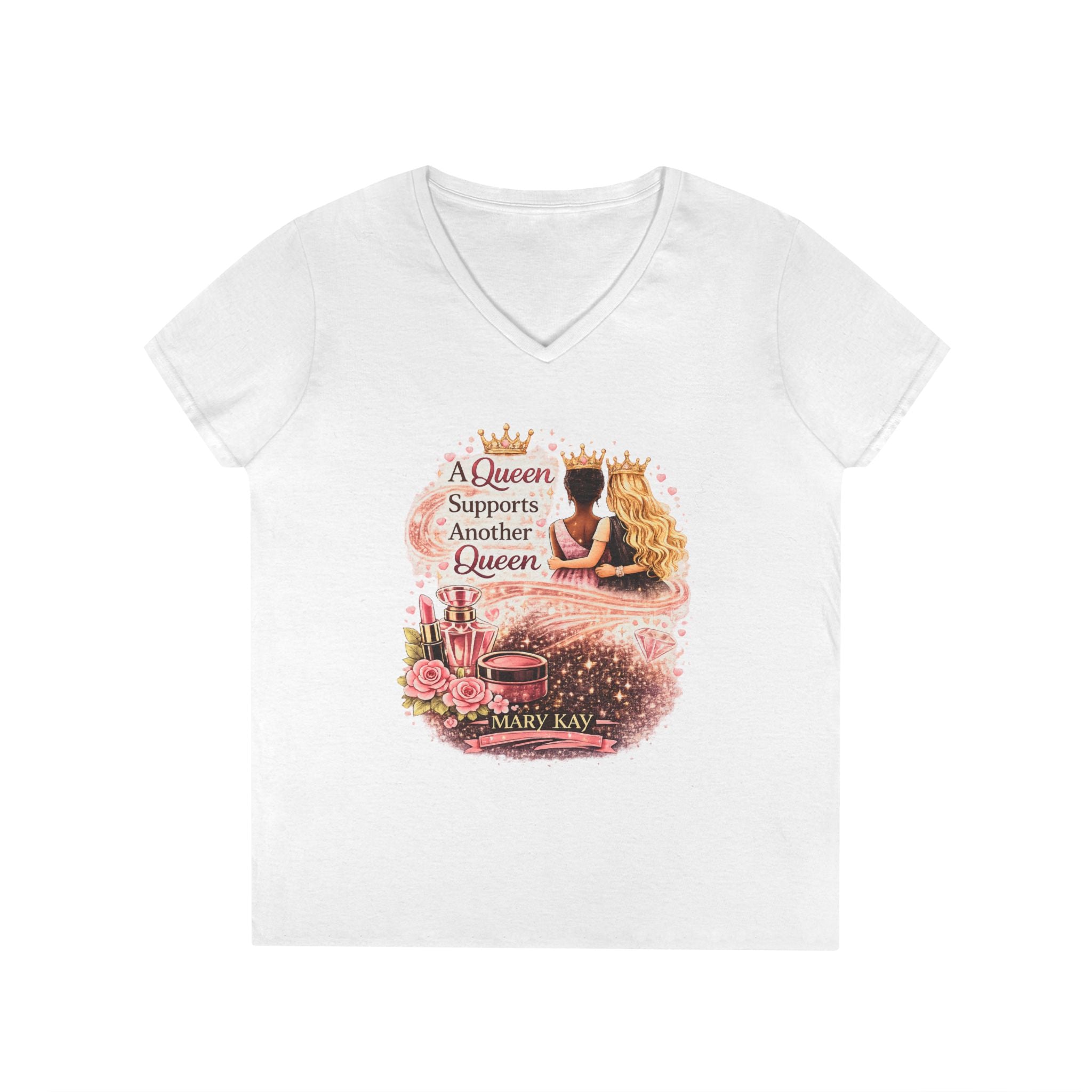 Queen Supports Queen V-Neck Tee — Inspirational Sisterhood Graphic T-Shirt