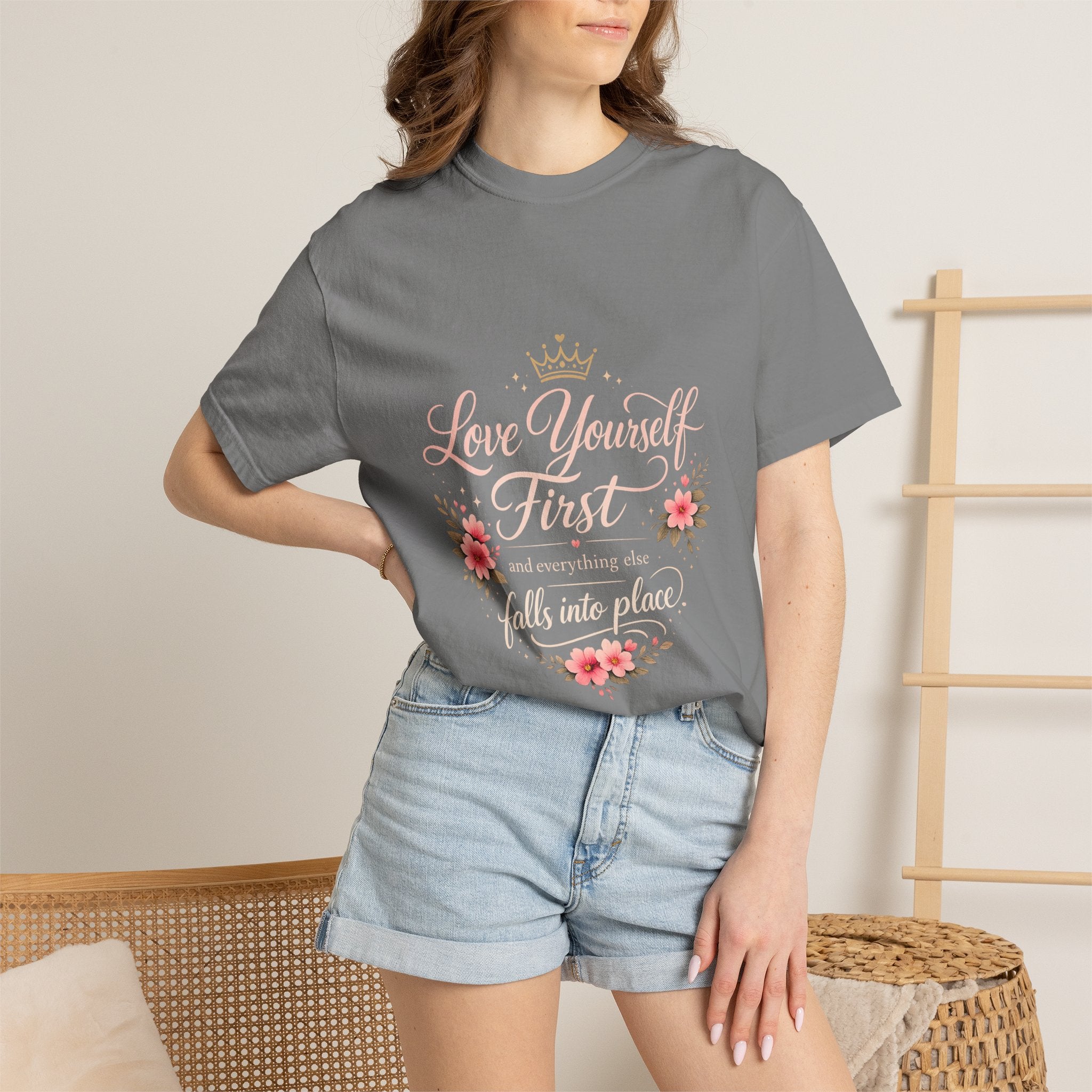 Love Yourself First T-Shirt — Inspirational Floral Self-Care Tee