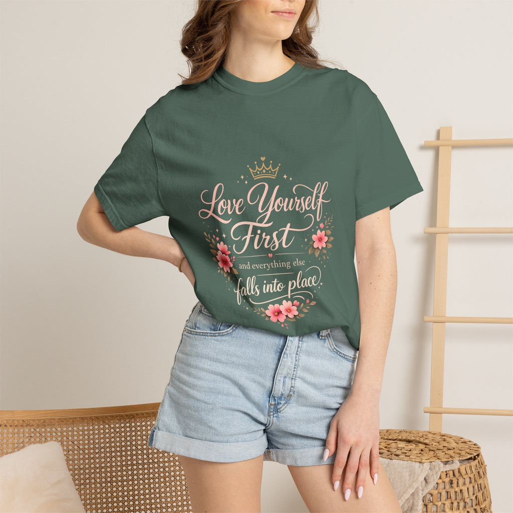 Love Yourself First T-Shirt — Inspirational Floral Self-Care Tee