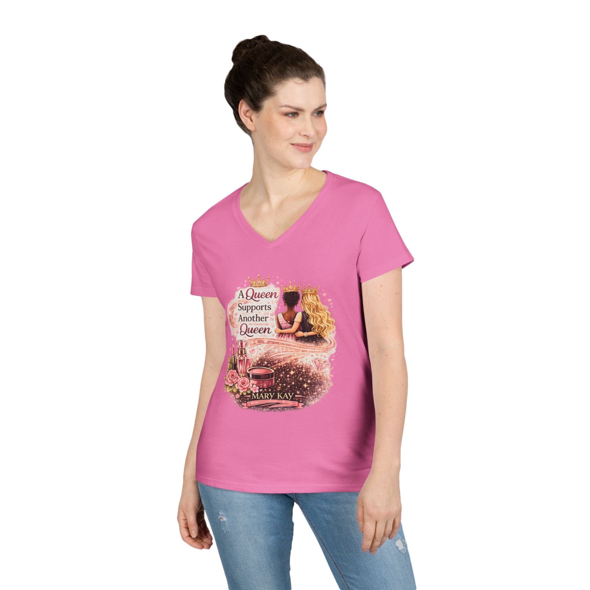 Queen Supports Queen V-Neck Tee — Inspirational Sisterhood Graphic T-Shirt