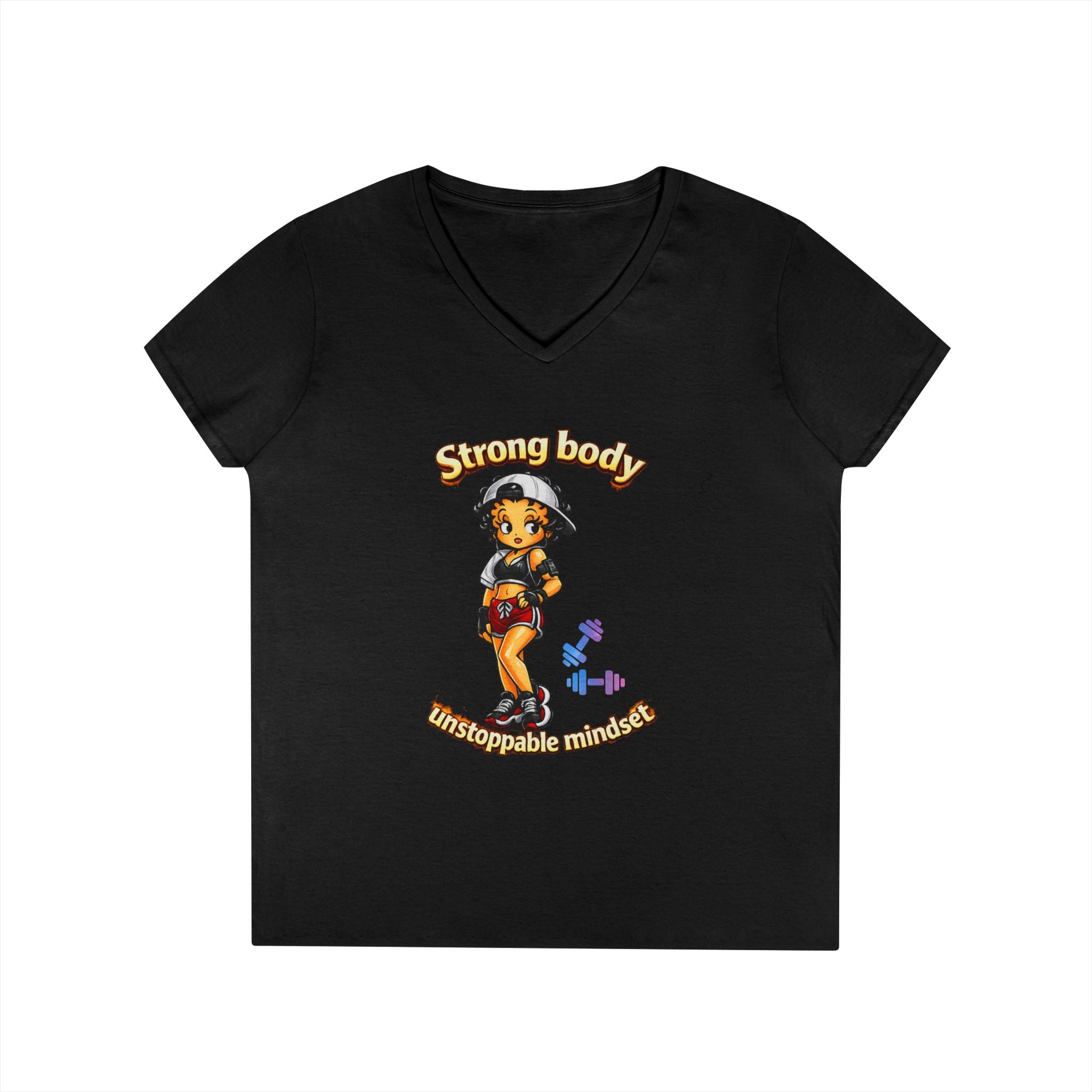 Strong Body Ladies' V-Neck T-Shirt — "Strong body unstoppable mindset" Fitness Graphic Tee