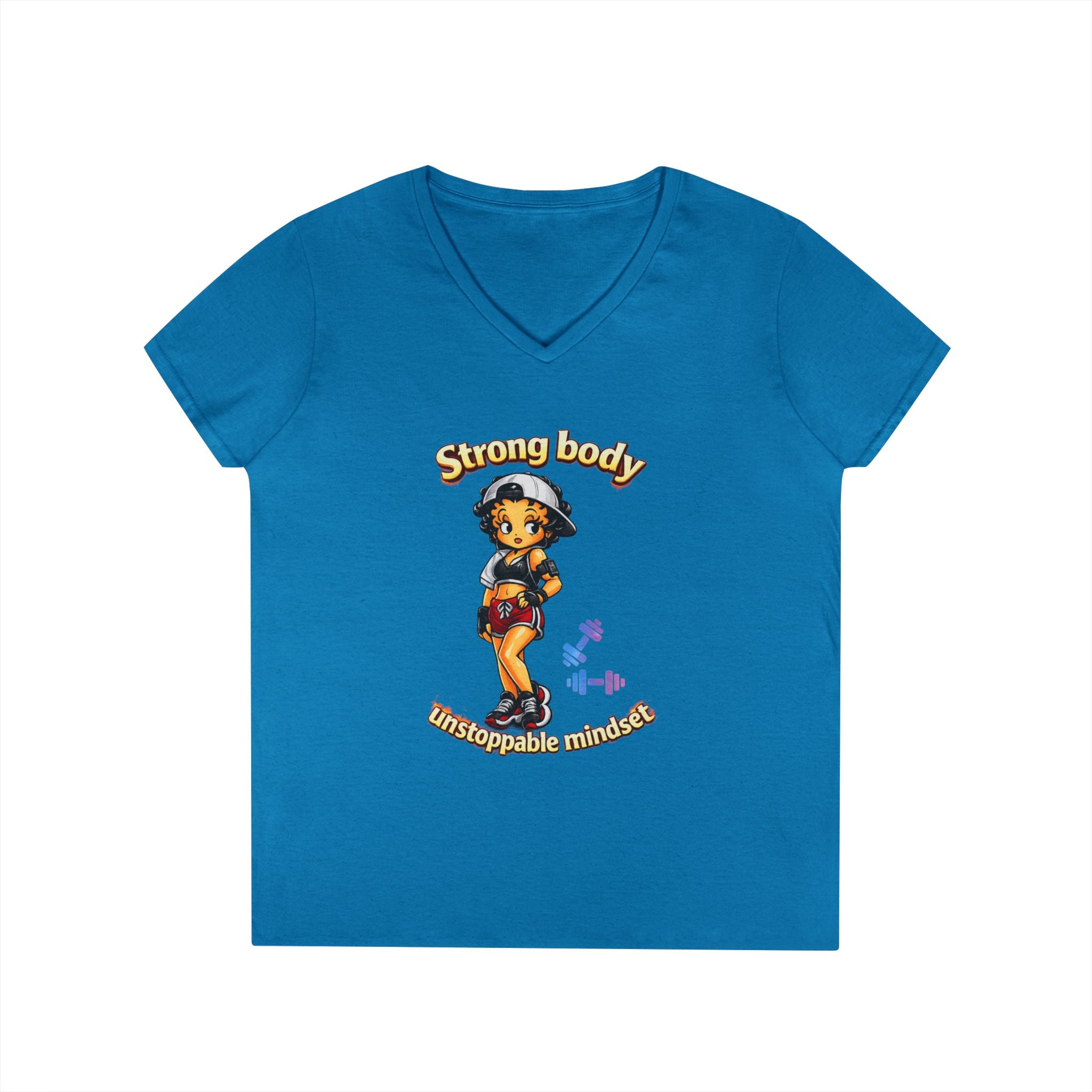 Strong Body Ladies' V-Neck T-Shirt — "Strong body unstoppable mindset" Fitness Graphic Tee
