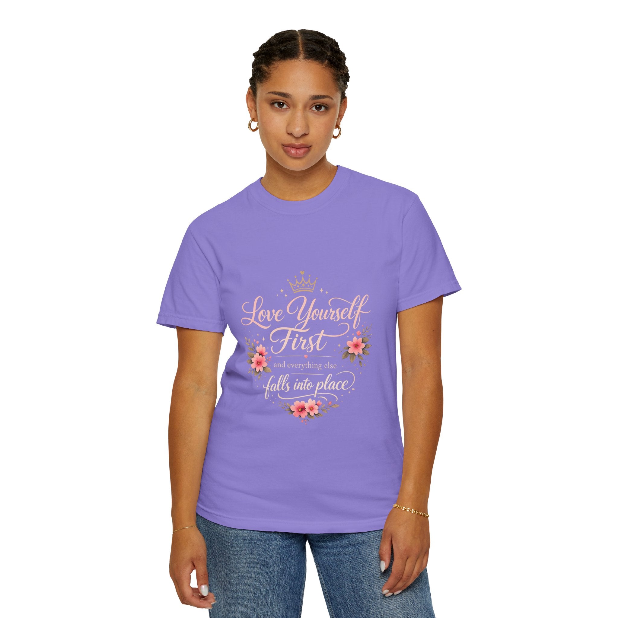 Love Yourself First T-Shirt — Inspirational Floral Self-Care Tee