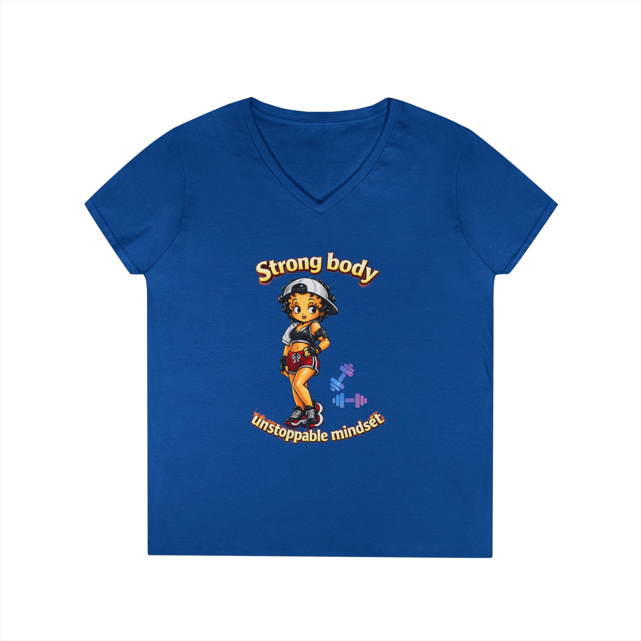 Strong Body Ladies' V-Neck T-Shirt — "Strong body unstoppable mindset" Fitness Graphic Tee