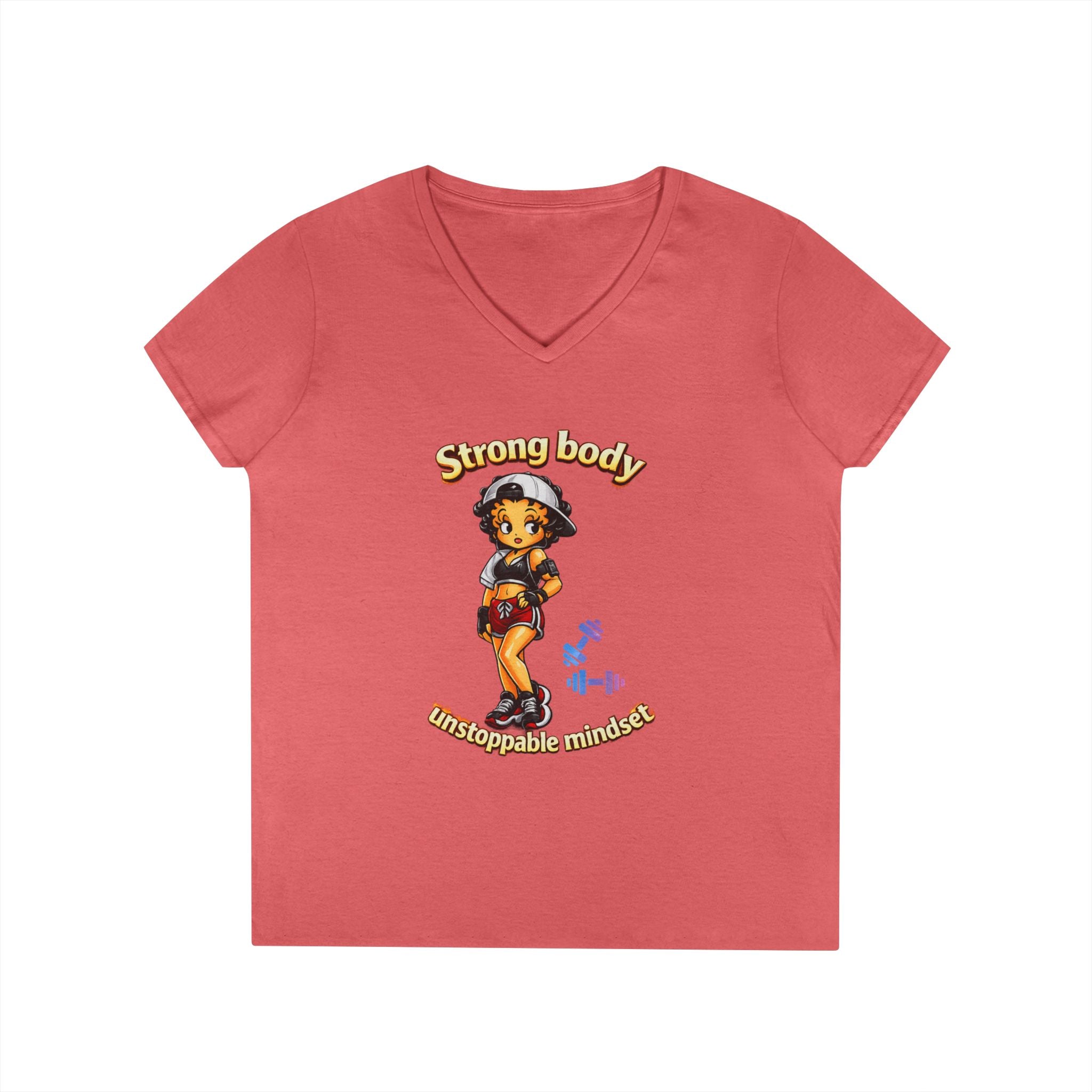 Strong Body Ladies' V-Neck T-Shirt — "Strong body unstoppable mindset" Fitness Graphic Tee