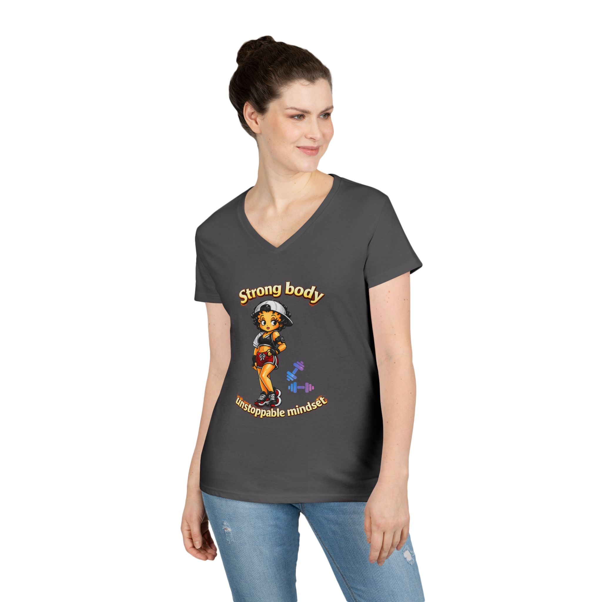 Strong Body Ladies' V-Neck T-Shirt — "Strong body unstoppable mindset" Fitness Graphic Tee